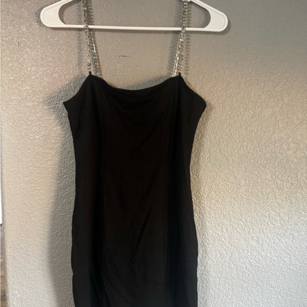 DIVIDED H&M Black Mini Dress with Diamond Chain Straps – Size M